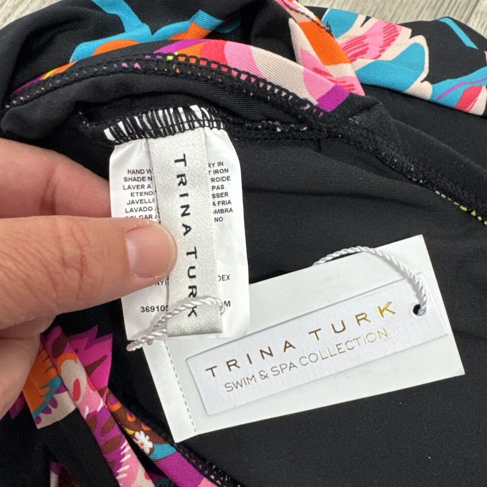 Trina Turk Luminary Cross Back V-Neck One Piece Swimsuit Black Floral sz 12 - Picture 7 of 9